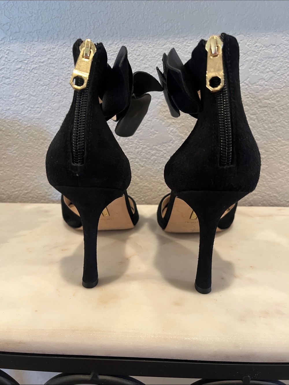 Louise et Cie Black Suede Open-Toe Heels with Ankle Bow - Picture 5 of 8